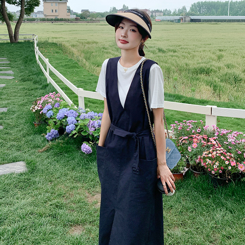 法式气质v领背心连衣裙套装女2025夏季新款宽松显瘦T恤上衣两件套,女装连衣裙,2C107