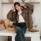 厚款宽松型复古棕色女士机车皮衣短款皮夹克复古外套春秋休闲百搭，女装皮衣，2C260