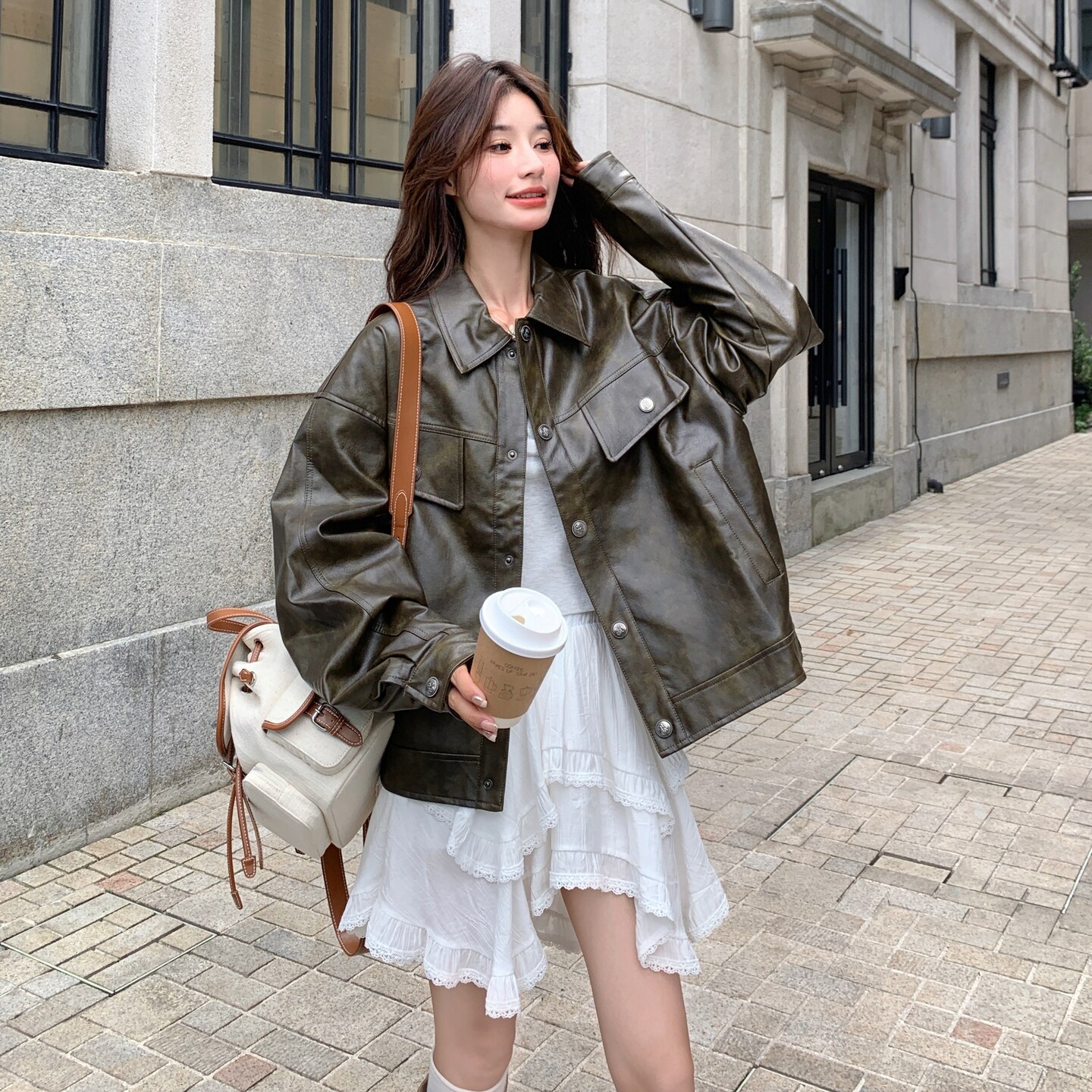 绿色复古皮衣外套女2025秋季新款韩版小个子气质高级感机车服夹克,女装皮衣,2C325