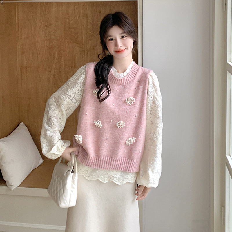 韩系甜美套装女2025春新款粉色钩花针织马甲蕾丝打底衫两件套,女装套装/套裙,2C166