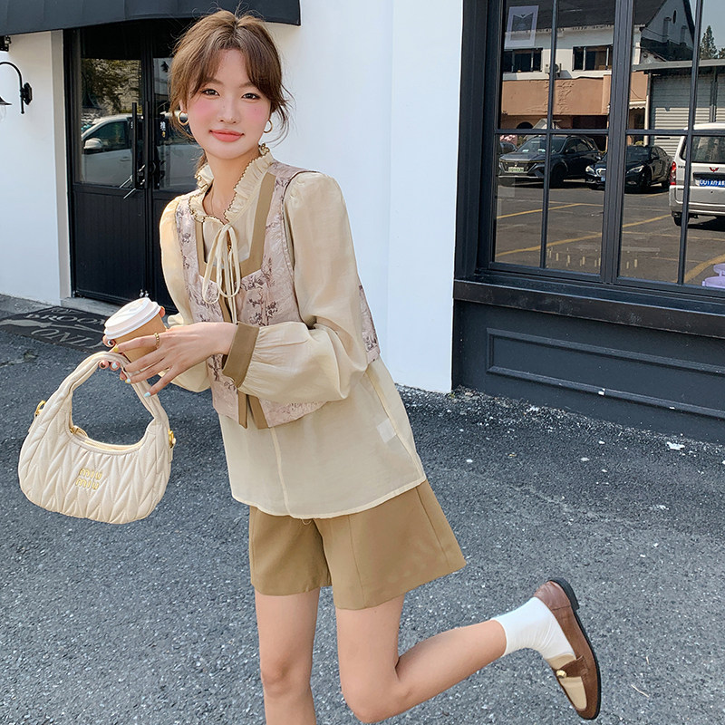 新中式国风印花盘扣马甲短裤套装女2025夏季新款设计感时尚三件套,女装套装/套裙,2C291