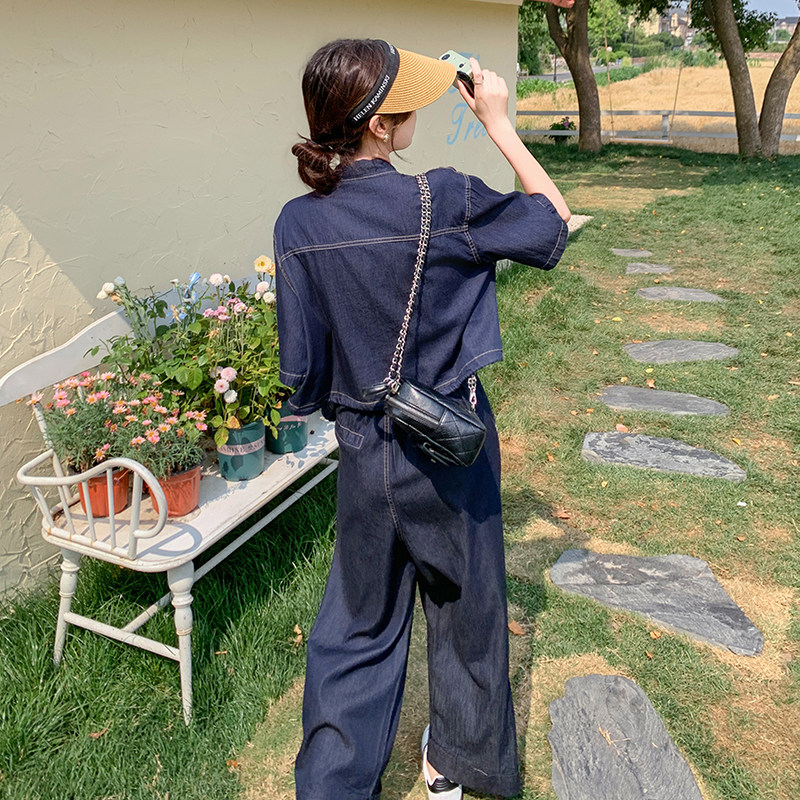 盐系轻熟风薄款天丝牛仔短袖上衣阔腿裤套装两件套女夏季时尚洋气,女装套装/套裙,2C135