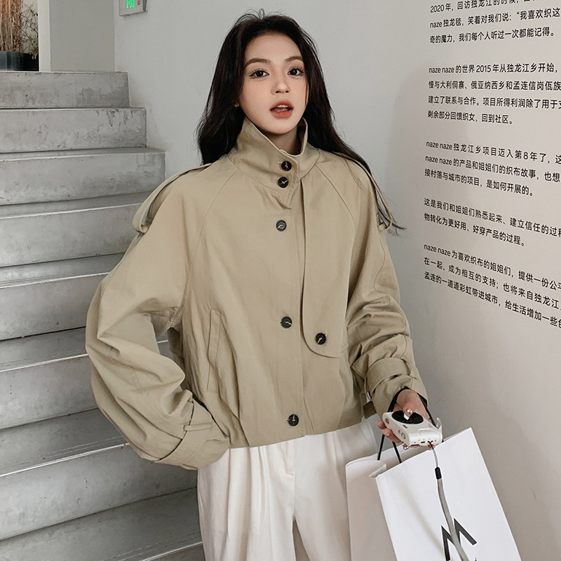 韩系chic卡其色短款风衣外套女春秋2025新款日常通勤穿搭夹克上衣,女装短外套,2C112