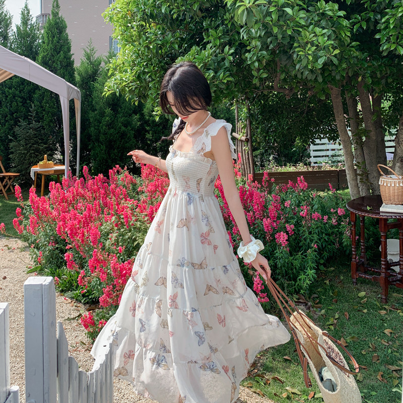 现货蝴蝶海边度假气质印花连衣裙2595-P125-K188,女装连衣裙,2C159
