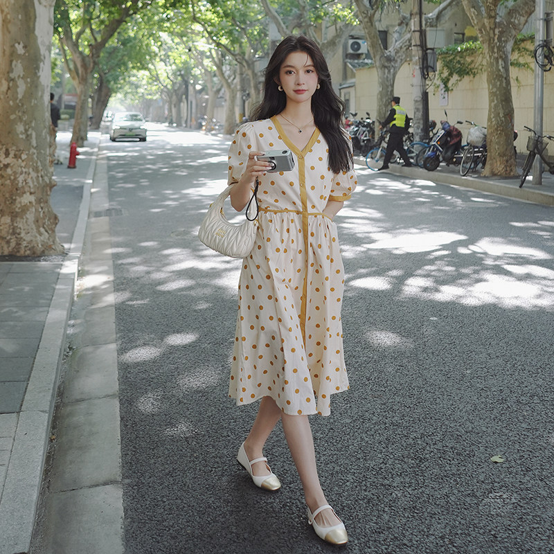 【现货夏新！】V领波点中长款连衣裙/货号;105P95K148,女装连衣裙,2C037