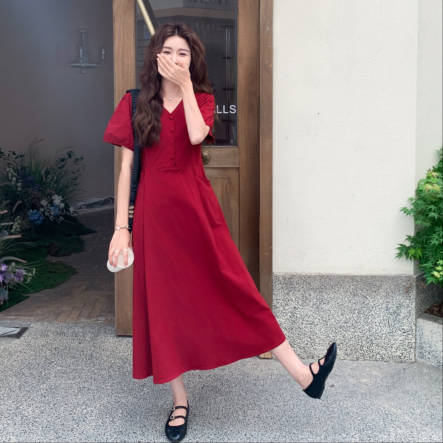 时尚法式酒红色礼服法式夏季V领后妈裙连衣裙收腰V领,女装连衣裙,2C212