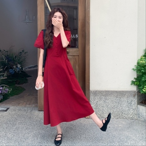 时尚法式酒红色礼服法式夏季V领后妈裙连衣裙收腰V领图片