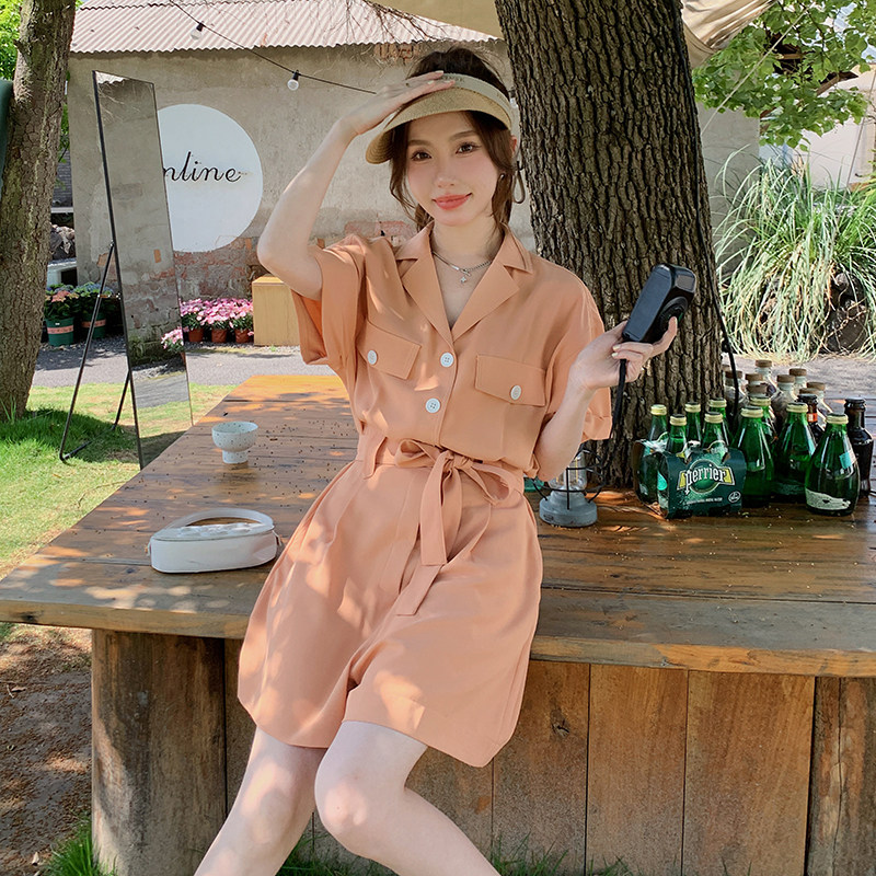 橘粉色西装连体短裤女2023夏季新款法式设计感气质高级连衣裤,女装连体裤,2C120