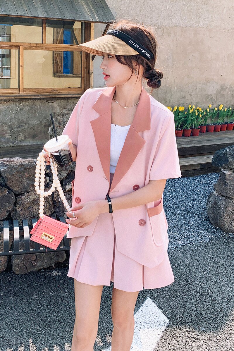 新品面料已下夏季粉色拼接西装两件套2C032819P130K188,女装套装/套裙,2C032