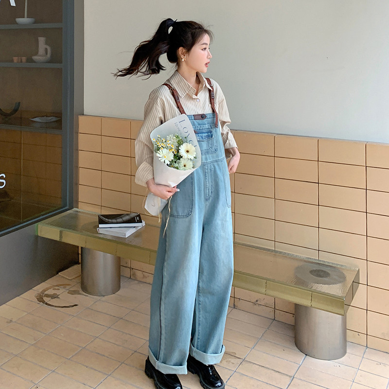 奶系牛仔背带裤女小个子2025春秋新款韩系设计感小众宽松休闲长裤,女装连体裤,2C122