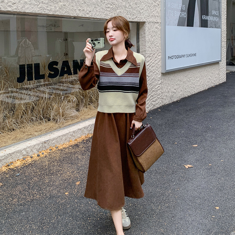 时尚撞色针织马甲连衣裙套装6069P140K208,女装连衣裙,2C166