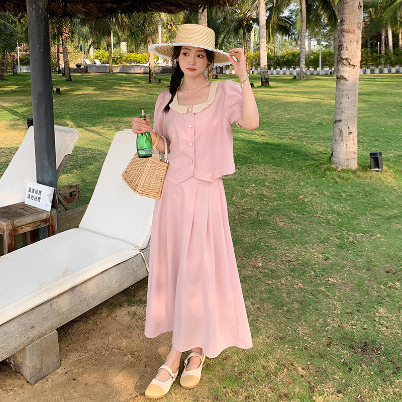 法式气质小香风套装女2025夏季新款甜美方领上衣显瘦半身裙两件套,女装套装/套裙,2C010