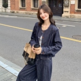又a又飒牛仔衬衫夹克套装女秋季2025新款一整套穿搭阔腿裤两件套，女装套装/套裙，2D035