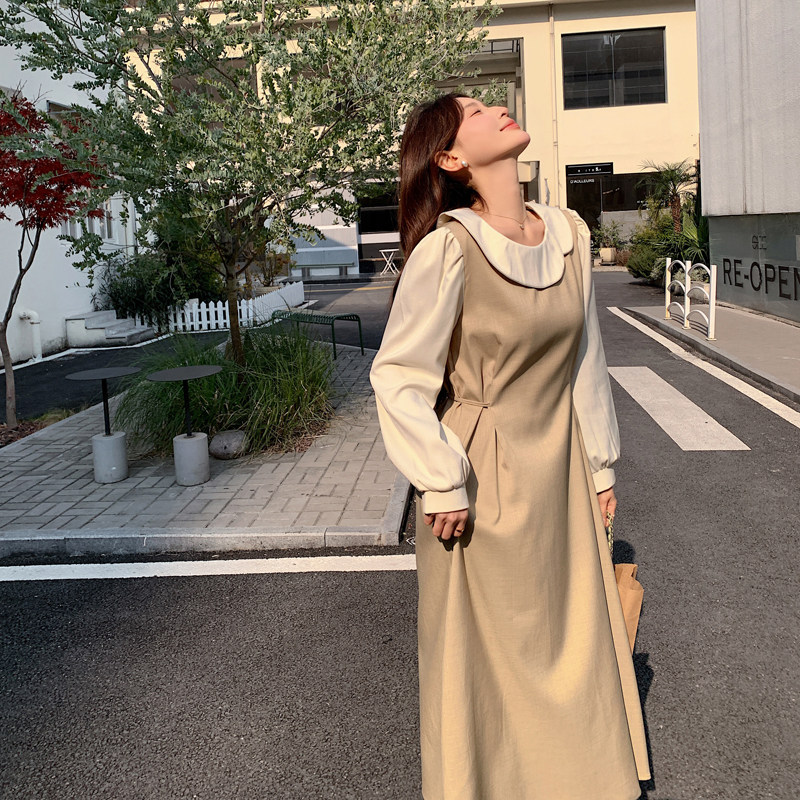 卡其色长袖气质连衣裙女春季2025新款法式收腰显瘦温柔风a字长裙,女装连衣裙,2C092