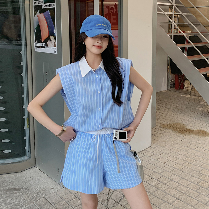 条纹休闲时尚套装女夏季2025新款无袖衬衫上衣高腰短裤减龄两件套,女装套装/套裙,2C112