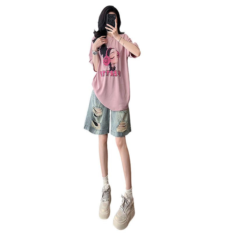 甜美时尚休闲套装女夏季新款圆领印花刺绣T恤阔腿破洞短裤两件套,女装套装/套裙,2C310