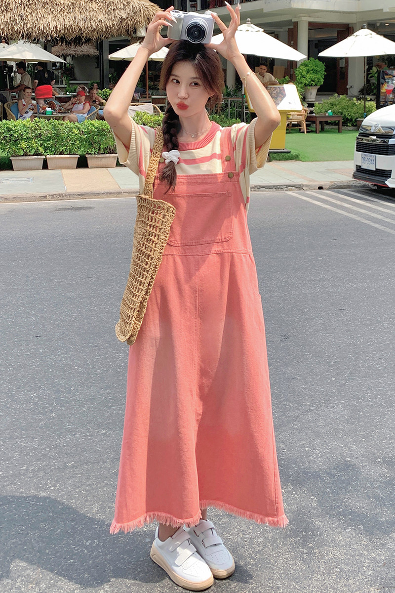 粉色洋气减龄工装背带裙女2025夏季新款韩版宽松小个子连衣裙长裙,女装连衣裙,2C177