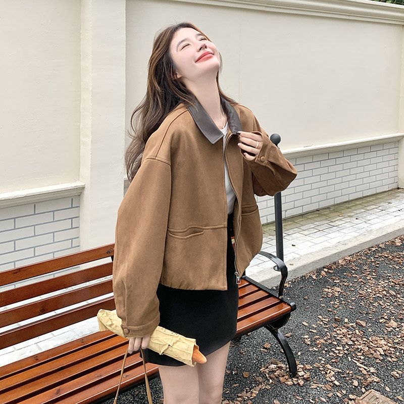 撞色拼接翻领麂皮绒外套女2025年春秋季新款甜酷美拉德风夹克上衣图片