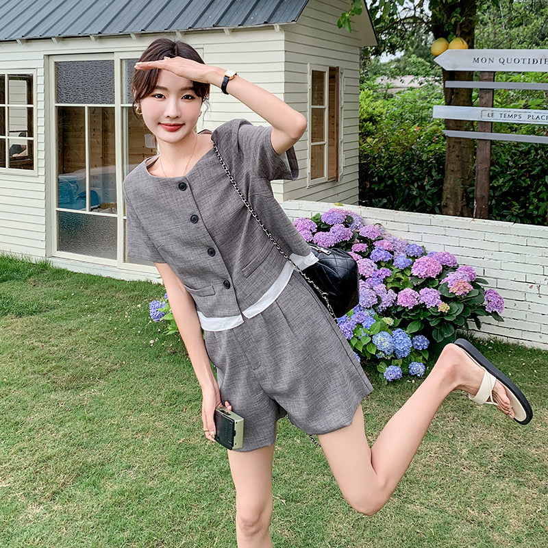 新品2025夏季小香风灰色拼接上衣+短裤套装7622-P135-K198,女装套装/套裙,2C159