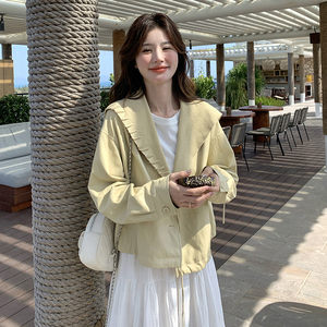 现货25春装新款亮色针织拼接皮衣外套 韩版气质外套女皮衣图片