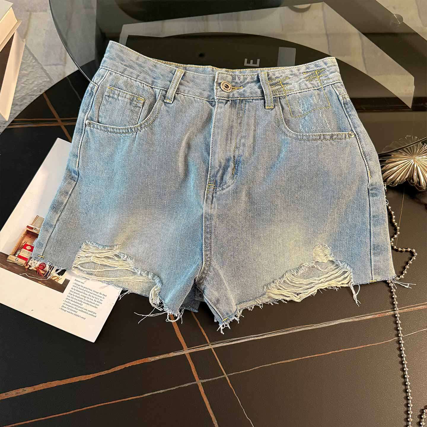韩版休闲时尚运动套装女夏款开叉设计网纱拼接短袖牛仔短裤两件套,女装套装/套裙,2C310
