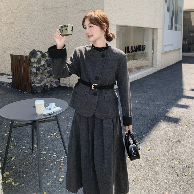 减龄灰色系带上衣百褶半身裙套装女秋冬巨好看ootd气质百搭两件套,女装套装/套裙,2C203