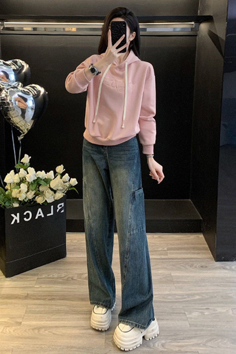 学院风洋气粉色上衣直筒牛仔裤套装潮,女装套装/套裙,2C310