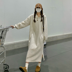 韩版时尚慵懒风卫衣连衣裙女2025春秋季新款宽松显瘦减龄连帽长裙图片