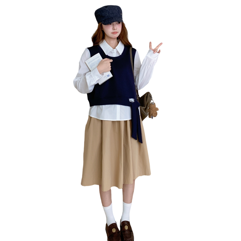 韩系设计感假两件拼接长袖衬衫女秋季减龄叠穿,女装卫衣/绒衫,2C012
