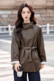 美拉德加绒加厚皮衣外套女中长款韩系百搭系带风衣皮夹克，女装皮衣，吾爱衣