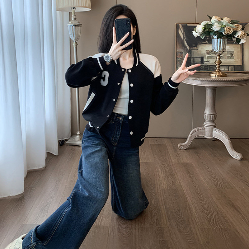 女春季黑白拼接卫衣阔腿牛仔裤两件套潮,女装套装/套裙,2C310
