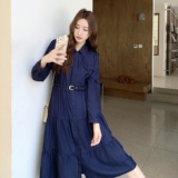 蓝色条纹披肩连衣裙女秋季2025新款法式小个子气质收腰显瘦衬衫裙，女装连衣裙，2C098