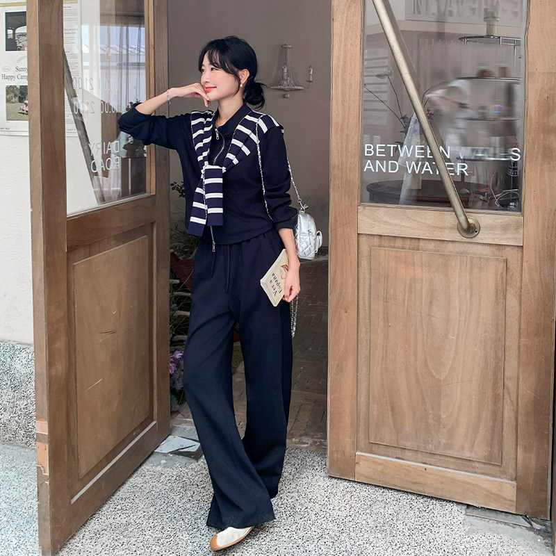 韩系套装女2025秋季新款一整套穿搭条纹披肩卫衣外套阔腿裤两件套,女装套装/套裙,2C277