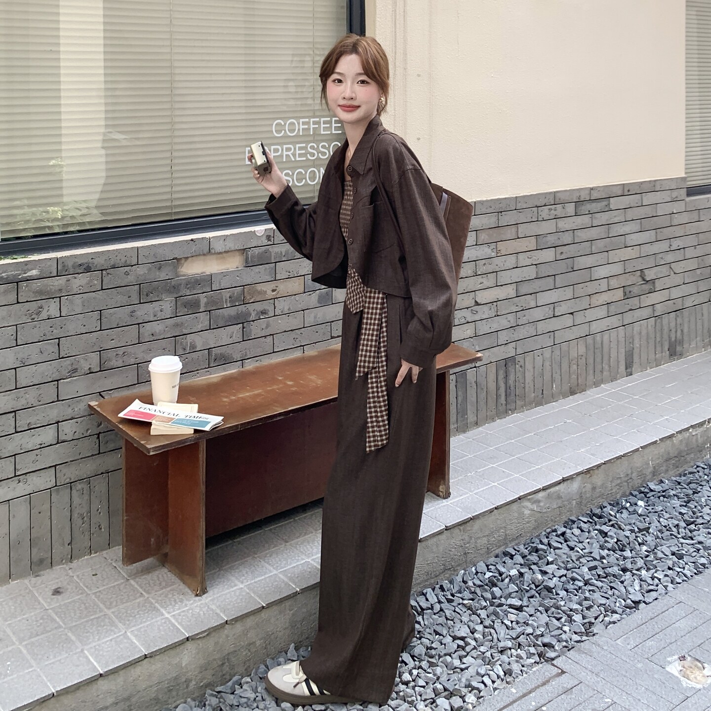 美拉德复古气质套装女春秋新款高级感时尚衬衫吊带阔腿裤三件套潮,女装套装/套裙,2C375