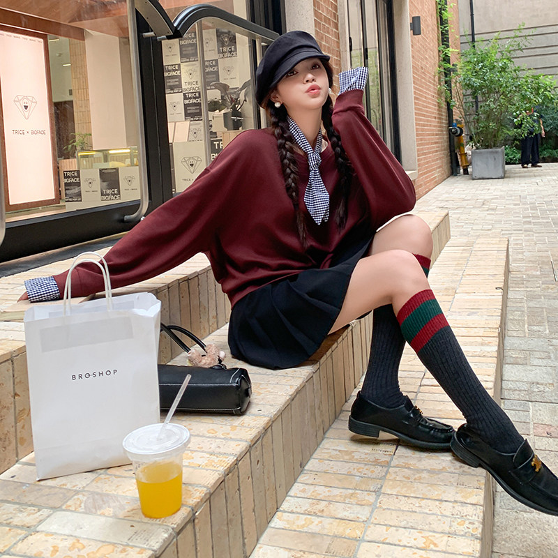 安哥拉红设计感拼接卫衣女秋新款新款韩版小个子宽松oversize外套,女装卫衣/绒衫,2C087