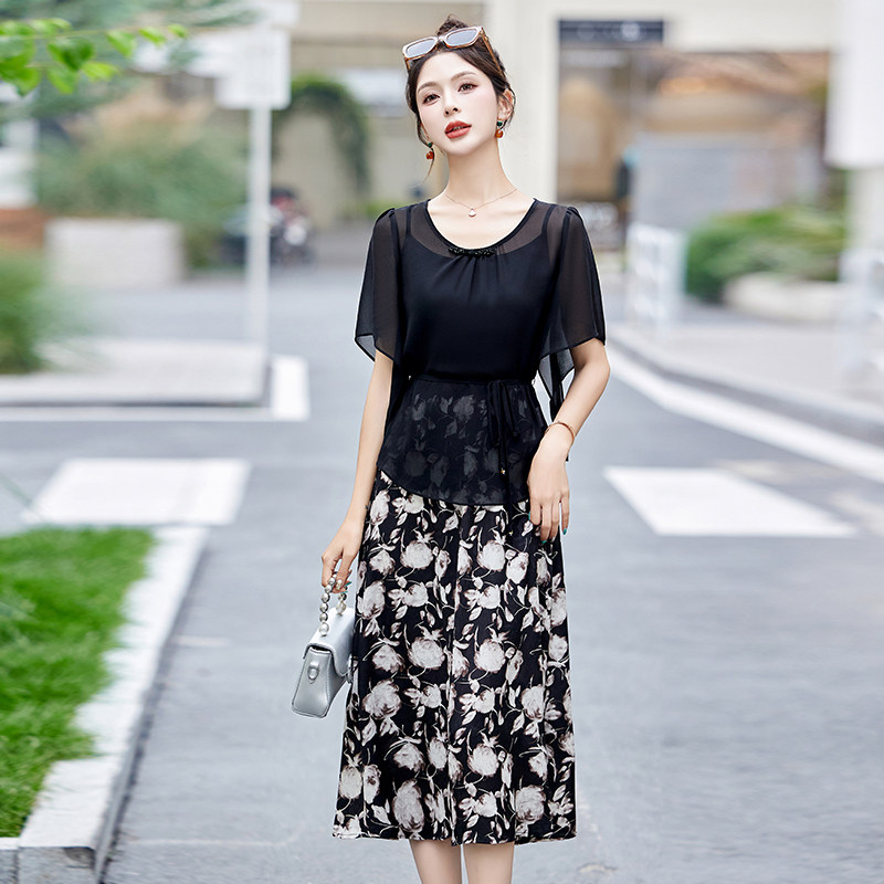 印花套裙女2025年夏季新款韩版百搭时髦连衣裙网纱上衣洋气两件套,女装连衣裙,蓝朵琳