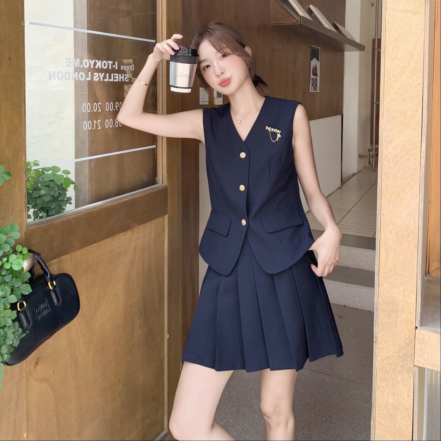 学院风深蓝色V领西装马甲套装女2025夏季新款小个子百褶裙两件套,女装套装/套裙,2C098