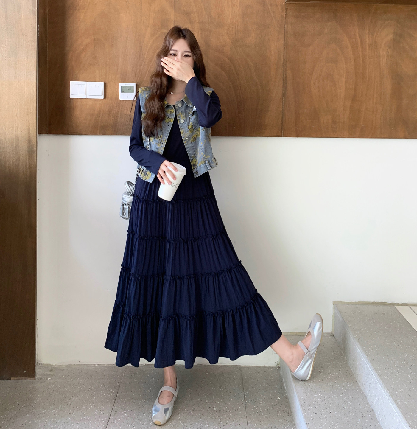 牛仔印花马甲套装裙女2025秋季新款韩系氛围感穿搭气质长裙两件套,女装套装/套裙,2C266