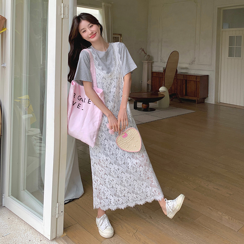 收腰森系小个子碎花法式休闲风温柔夏季时尚套装短袖蕾丝显瘦气质,女装连衣裙,2C166