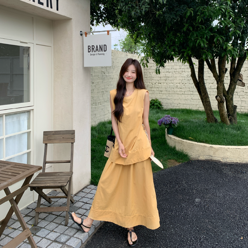休闲无袖黄色背心半身裙套装女夏2025新款独特漂亮大方得体两件套,女装套装/套裙,2D146