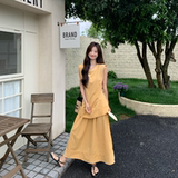 休闲无袖黄色背心半身裙套装女夏2025新款独特漂亮大方得体两件套，女装套装/套裙，2D146