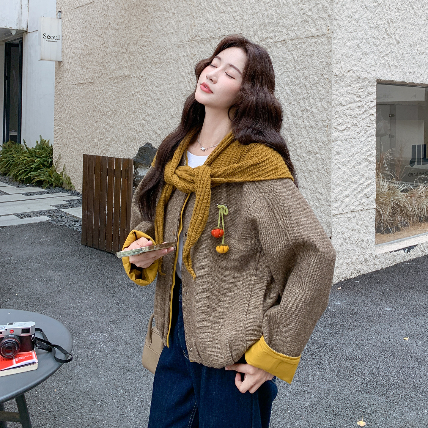 韩系针织披肩撞色毛呢外套女秋冬2025新款短款气质小个子绝美大衣图片