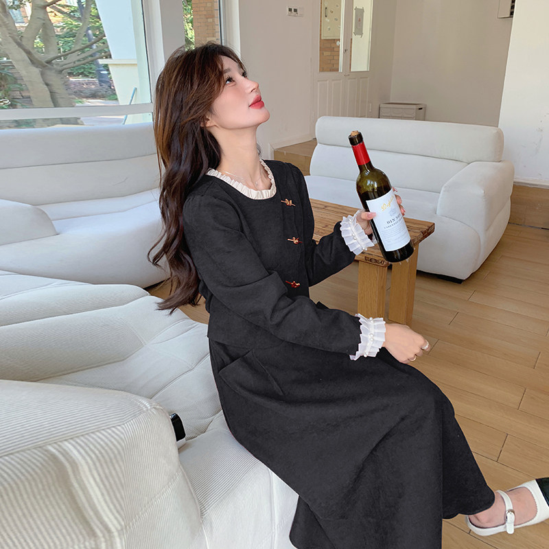 红色新中式连衣裙女春秋2024新款法式显瘦设计感小个子假两件长裙,女装连衣裙,2C098