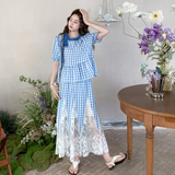 蓝色格子休闲套装裙女2025年夏季新款巨好看网纱拼接半身裙两件套，女装套装/套裙，2C117