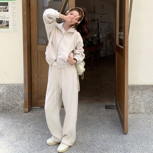 韩版米色运动卫衣套装女2025春秋季新款宽松休闲显瘦阔腿裤两件套图片