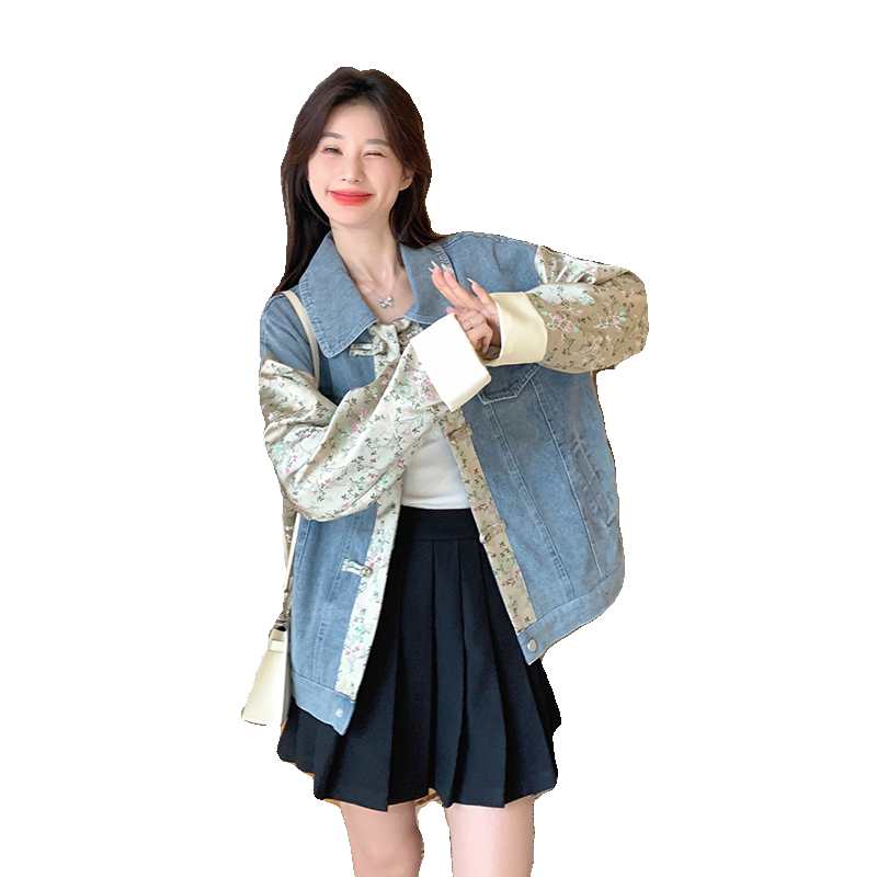 拼接碎花牛仔外套女2025春季新款国风新中式小个子设计感小众上衣,女装短外套,2C177