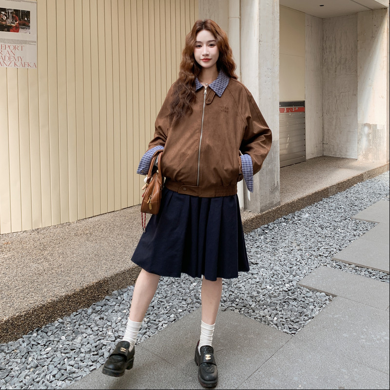 美拉德复古格子拼接麂皮绒外套女秋季2025新款宽松松弛感休闲夹克,女装短外套,2C159