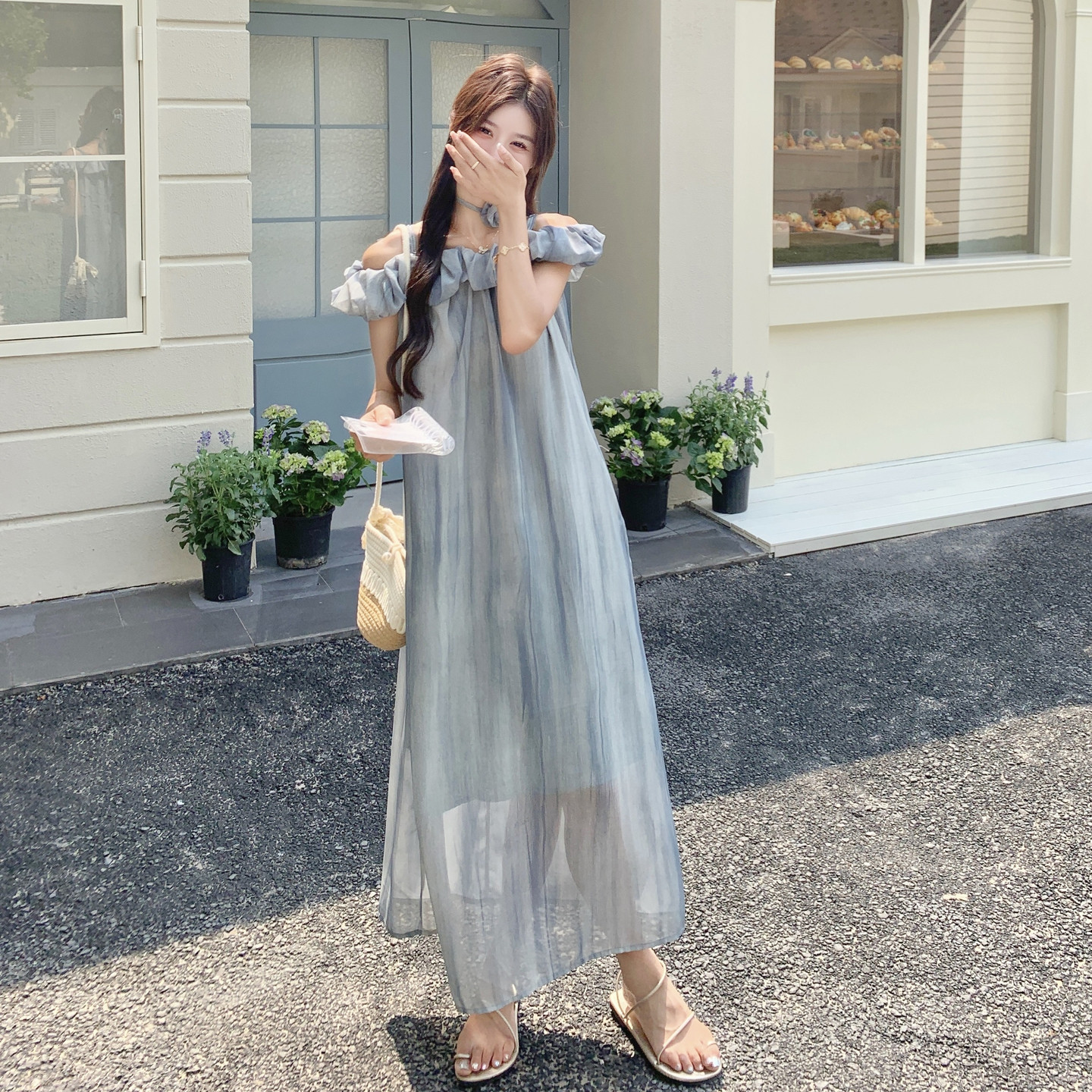 连衣裙扎染吊带仙女裙夏装纯色文艺露肩连衣裙高腰显瘦气质公主图片