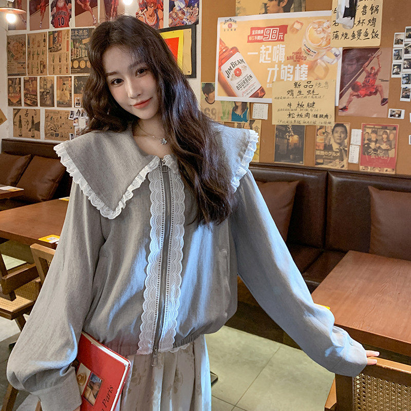 春季韩版拼蕾丝娃娃领双拉链开衫女宽松减龄休闲短款外套图片