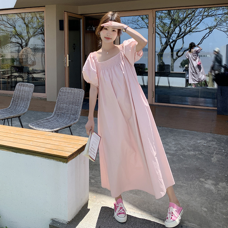 现货!粉色泡泡袖方领连衣裙女夏法式温柔风长裙3009P115控168图片